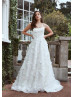 White Lace Tulle Pearls Embellished Floral Wedding Dress